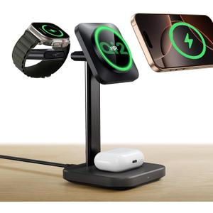 ESR Qi2 3 in 1 Wireless Charging Station, [Certified] Apple Watch Charger & 15W Qi2 MagSafe Charger Stand for iPhone, Wireless Charger for Multiple Devices iPhone 17/16/15/14/13&Watch&AirPods,Black
