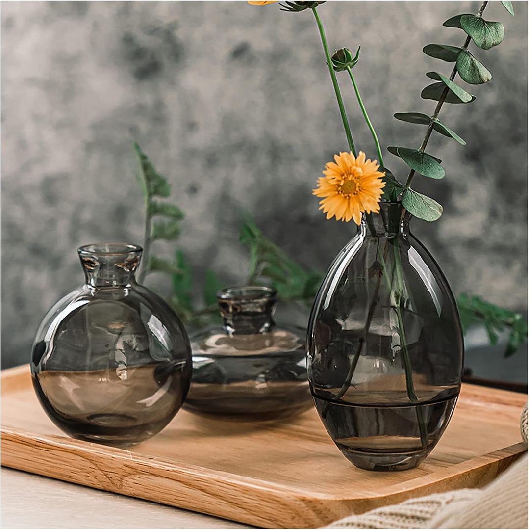 Mini Glass Vase of 3(1.2", 2.4", 3.6" Tall), Hand-Blown, Tasteful and Restrained, Best for Flowers, Suitable for Modern, Natural and Other Decoration. As a Gift for Wedding or Housewarming