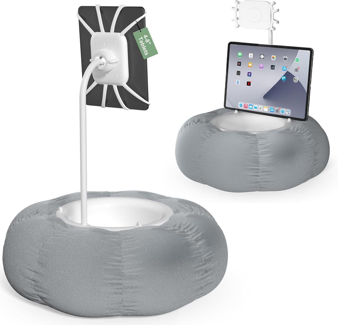 Lap Kindle Pillow Stand with Silicone Holder for Kindle Accessories and Phones (4.7"-8") & Adjustable iPad Stand for Desk with Snack Bowl for Tablets(8"-15.5")-Ideal for Hands-Free Reading (Grey)