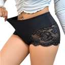 OYOANGLE Women's Plus Size Contrast Lace Boyshorts Mid Rise Tummy Control Panties Underwear Black 3X-Large Plus
