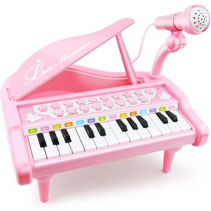 Love&Mini Piano Keyboard Toy for Girls - 24 Keys Toddler Music Toy Instrument with Microphone, Pink Piano Toy for 1 2 3 Years Old Girls Birthday Gift