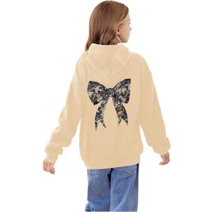 Girl's Bow Camo Graphic Hoodies Long Sleeve Hooded Sweatshirt Preppy Cute Pullover Tops (Apricot)