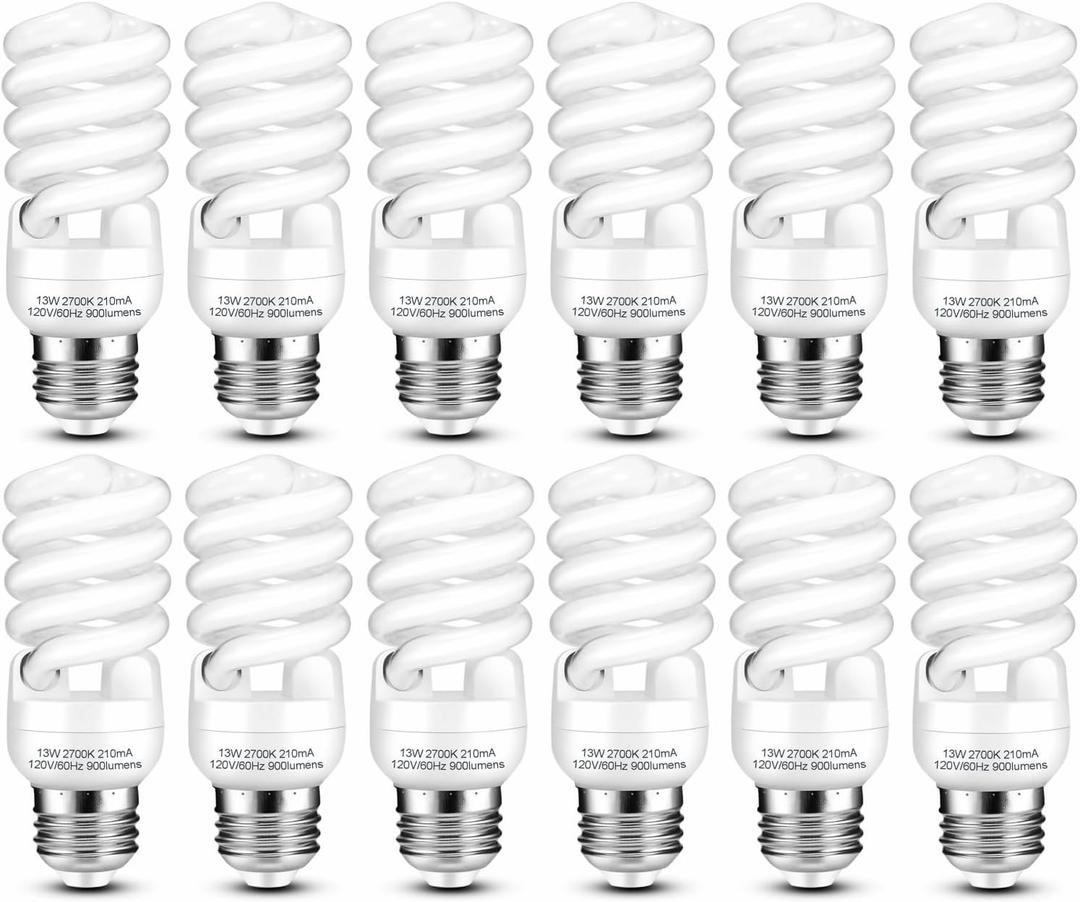 E26 CFL Light Bulbs 13Watt, T2 Spiral Soft White 2700K 900lm E26 Medium Base Compact Fluorescent Light Bulbs, UL Approved, 120v 60Hz, Self Ballasted CFL Bulbs (60Watt Equivalent), Pack of 12