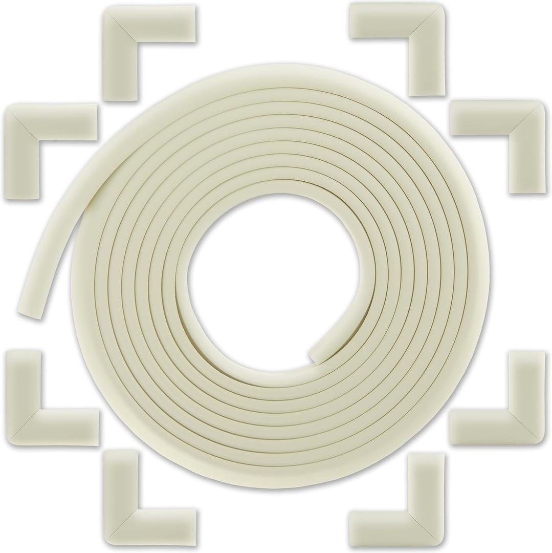 Bb Earth Baby Proofing Edge and Corner Guard Protector Set for Back to School, 20 Feet Edges & 8 Foam Corners, Furniture and Tables Child Baby Proof Bumpers, Pre-Taped Corner Cushions - Oyster White