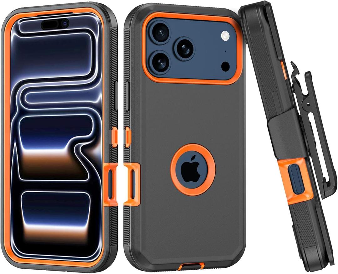 Compatible with iPhone 17 pro Case, with Belt Clip Holster Heavy Duty Rugged Shockproof Full Body Protection Kickstand Cover for iPhone 17 pro PhoneBlack+Orange
