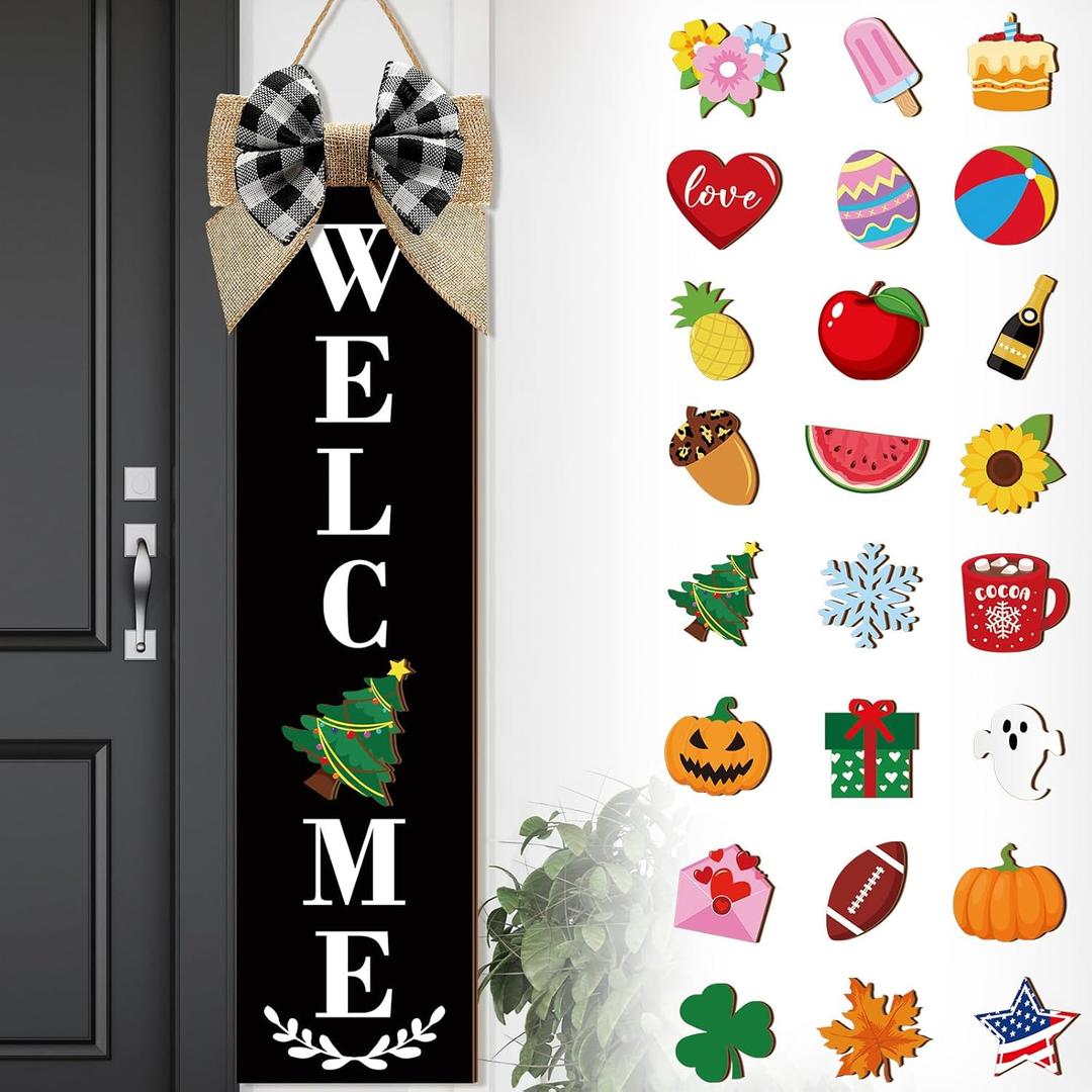Holiday Interchangeable Welcome Sign for Front Door Wood Porch Sign with 24 Pcs Seasonal Icons Home Farmhouse Welcome Outdoor Seasonal Icons Halloween Festival Decoration(Black, 31.5 Inches)