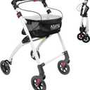 KMINA Narrow Walker for Small Spaces, Foldable Walker with Tray and Basket, 4 Wheels and Brakes, Lightweight Indoor Rollator for Seniors, Black, PRO Model