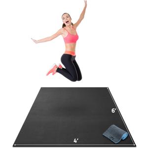 Gorilla Mats Premium Large Exercise Mat  6' x 4' x 1/4" Ultra Durable, Non-Slip, Workout Mat for Instant Home Gym Flooring  Works Great on Any Floor Type or Carpet  Use With or Without Shoes (Gorilla Black Mat with Gray / Blue Towel, 2 Storage Straps and Carry Bag)