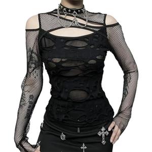 Goth Crop Top for Teen Girls Aesthetic Emo Shirts Casual Tops for Women Long Sleeve Punk Large