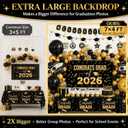 150Pcs Black Gold Graduation Decorations 2026 with 7x4ft Backdrop | 150pcs graduation decorations 2026 with oversized 7x4ft backdrop, black gold balloon arch, banner and tablecloth