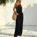Womens Boho Linen 2 Piece Sets Summer Sleeveless Halter V Neck Tank Top Wide Leg Pants Matching Lounge Outfits 2026 (Black, L)