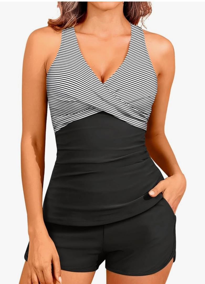 Women Tankini Swimsuits with Shorts - Two Piece Tummy Control Bathing Suits Top with Two Pockets Bottom Swimwear 20W