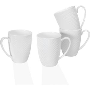 12 Oz White Coffee Mugs Set of 4, Fine Bone China Mugs, White Ceramic Coffee Cups Set, Rhombus Relief Texture, Lightweight Tea Mugs for Latte, Hot Cocoa, Women, Men