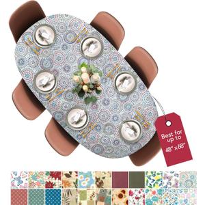 Covers For The Home Deluxe Elastic Edged Flannel Backed Vinyl Fitted Table Cover - Multi-Color Geometric Medallion Pattern - Round Oblong Oval - Fits Tables up to 48" W x 68" L (Best For Up To 48" x 68")