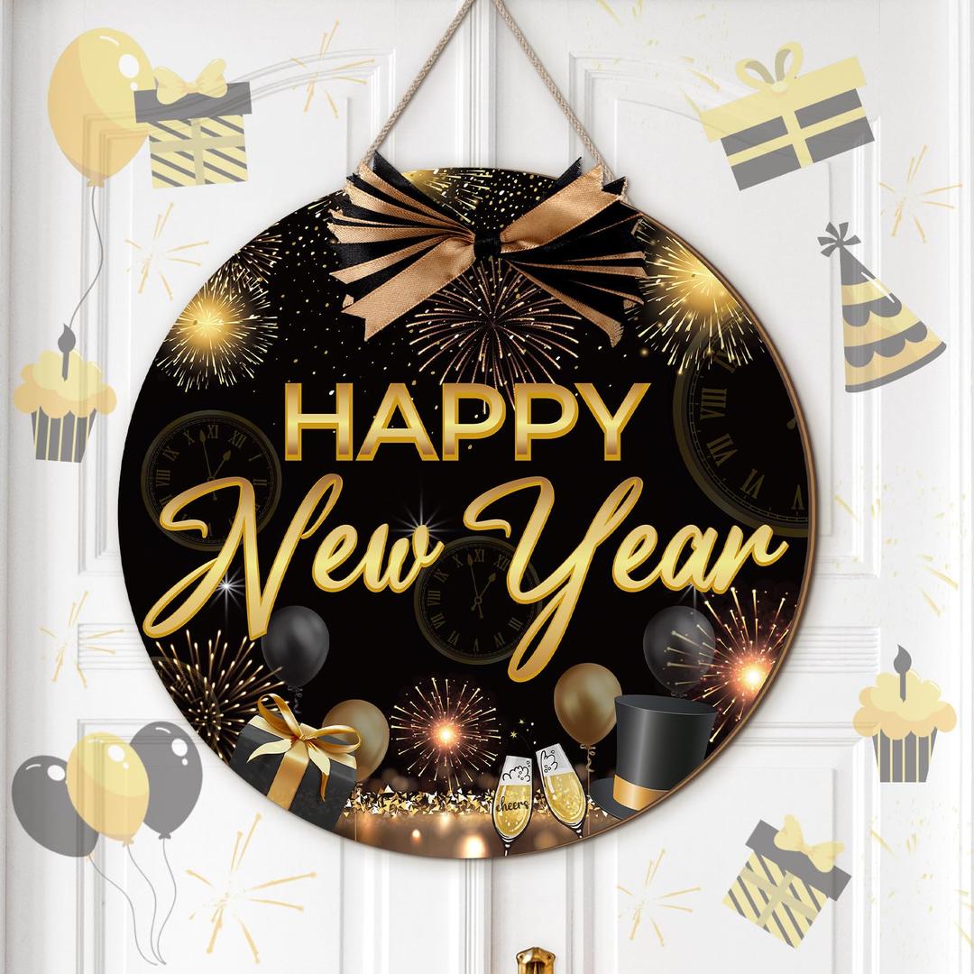 Moucuny Happy New Year Front Door Sign Black Gold Wreaths New Year Wooden Hanging Welcome Door Hanger Sign Farmhouse Decor for Home Front Porch Decor 
