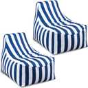 Briwooody 2 Pcs Blue Outdoor Bean Bag Chair for Adults, Waterproof Patio Bean Bag Lounger with Washable Removable Cover, Striped Floor Chair for Balcony, Deck, Poolside, Boat, Marine, Garden (White), 36*30*28inches