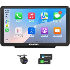 7 Inch Wireless CarPlay Screen for Car, Portable Car Stereo Touch Screen for Apple CarPlay & Android Auto with Backup Camera, Voice Control, BT Music, Navigation, Mirror Link (Black)