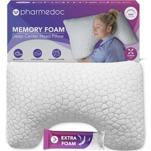 Pharmedoc Adjustable Shredded Memory Foam Bed Pillow - Perfect for Side Sleeper - Deep Center - Neck Support for Pain Relief - Queen Size - Extra Filling Pack