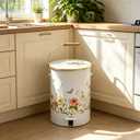 White Floral Metal Step Trash Can with Lid, 8L Vintage Butterfly & Wildflower Decorative Waste Basket with Handles for Bathroom, Bedroom, Kitchen, 14.57" x 9.84"