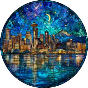 Bgraamiens 1000 Piece Jigsaw Puzzles for Adults – Seattle Skyline at Night – Stained Glass Style Cityscape with Moonlit Reflection – Artistic Urban Gift Challenge