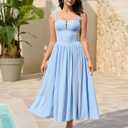 KUTUMAI Women Summer Corset Midi Dress Floral Lace Smocked Flowy A Line Wedding Guest Bridal Shower Dresses with Pockets (Blue, XS)