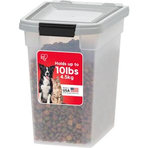 IRIS USA Airtight Dog Food Storage Container, WeatherPro, Up to 10 lbs, Removable Wheels, for Dog Cat Bird and Other Pet Food Storage Bin, Keep Fresh, Translucent Body, Made in USA, Clear/Gray