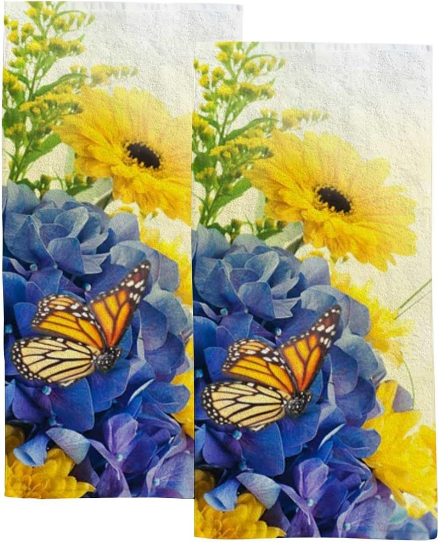 Hapuxt Hand Towels Face Towels Set of 2 Summer Yellow Blue Butterfly Flowers Soft Comfortable Polyester Microfiber Fast Water Absorbent Towels for Bathroom Kitchen 30X15 Inch