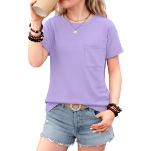 Girls Short Sleeve T Shirts Kids Summer Crew Neck Tops with Pocket Rolled Cuffs Loose Fit Casual Tees 5-14 Years