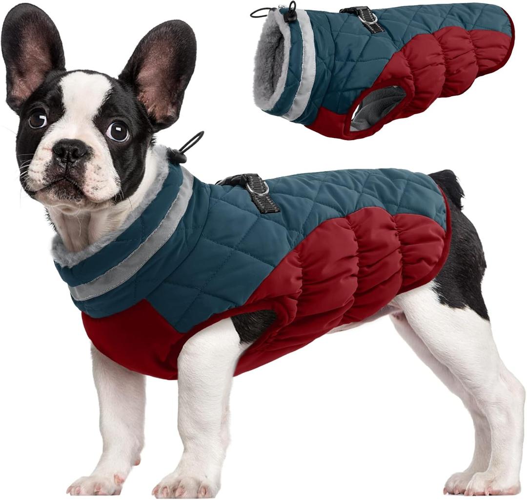 FUAMEY Dog Coat for Medium Dogs,Waterproof Dog Winter Jacket with Harness Built in Puppy Cold Weather Coats Reflective Pet Vest with Zipper Warm Fleece Dogs Snowsuit Windproof Dark Blue M (Medium(chest:21in))