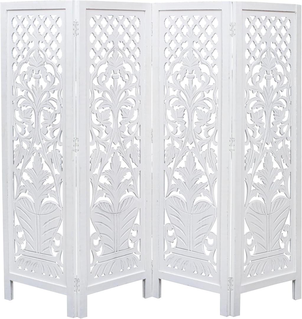 Room Divider Wood Screen Panel White, 4-Panel Folding 64"x54", Hand-Carved, Reversible Privacy Partition, Decorative & Functional Portable Room Divider for Home or Office