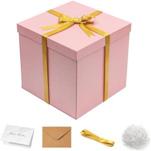 Mefleet Large Gift Box with Lid for Presents 12x12x12 Inches Extra Big Deep Square Pink Boxes 1 Pack for Christmas, Birthday, Valentine's Day, Mother's Day - Contains Crinkle Paper, Ribbon and Card