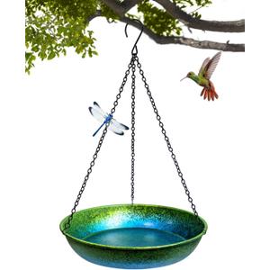 Hanging Bird Bath for Outside Metal Hanging Bird Feeder Window Birds Feeder Hand-Painted Blue and Green Gradient 11 in for Birds to Seed Bathe and Drink for Back Yard, Deck,Patio Garden Decoration