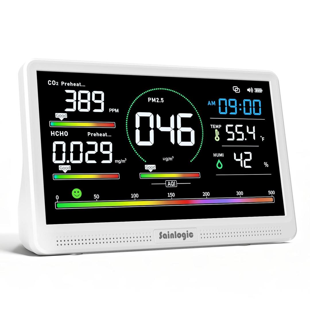 Sainlogic 16 in 1 Professional Air Quality Monitor Indoor with 7.2" Display & 3-Color 7 AQI Alerts,CO2 Monitor Air Quality Tester for CO2,HCHO,TVOC,PM2.5 PM1.0 PM10,Humidity,Temp & Time Meter for Home