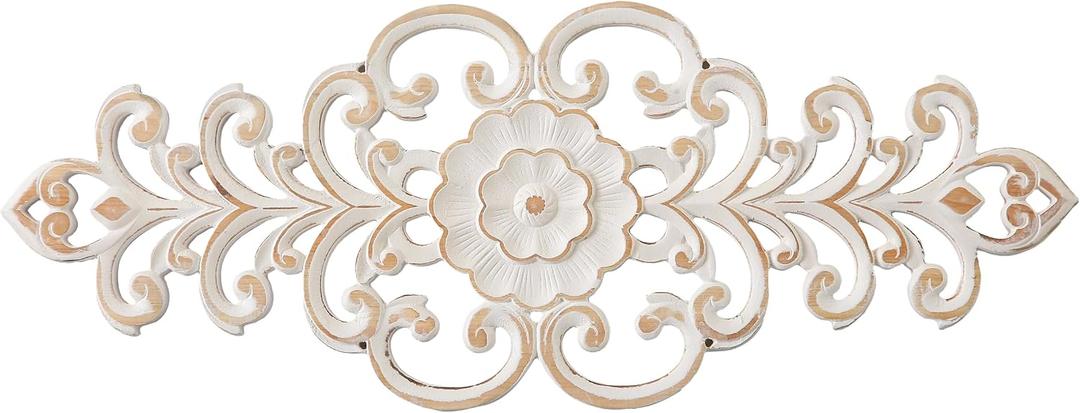 SOFE White Distressed Carved Wood Wall Art, 26 X 10 Inches Over the Door Decor, French Country Scroll Floral Wall Sculptures for Kitchen Bathroom, Home Decor Accents for Above Bed Window Entryway