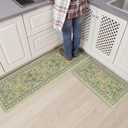 Collive Green Kitchen Mats for Floor, Cushioned Anti Fatigue Mat Non Skid Waterproof Kitchen Rugs Set of 2, Beige Vintage Comfort Standing Desk Rug for Office, Sink, Laundry, 17"x30"+17"x59"