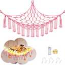 CERETIA Stuffed Animal Hammock with LED Light, Large Stuffed Animals Storage Corner Plushie Net for Kids Room Decor, Pink