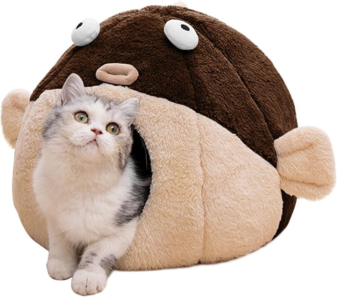 Cat Beds for Indoor Cats - Cat Bed Cave with Removable Washable Cushioned Pillow, Soft Plush Premium Cotton No Deformation Pet Bed, Lively Pufferfish cat House Design, Brown, Multiple Sizes (L 16.5'')