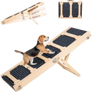 GENMOUS 30.5" Wooden Adjustable Dog Ramps for Bed, Non-Slip Traction Mat Foldable Dog Ramp for Small Medium Doggie to get on Bed, Level to 18" with 5
