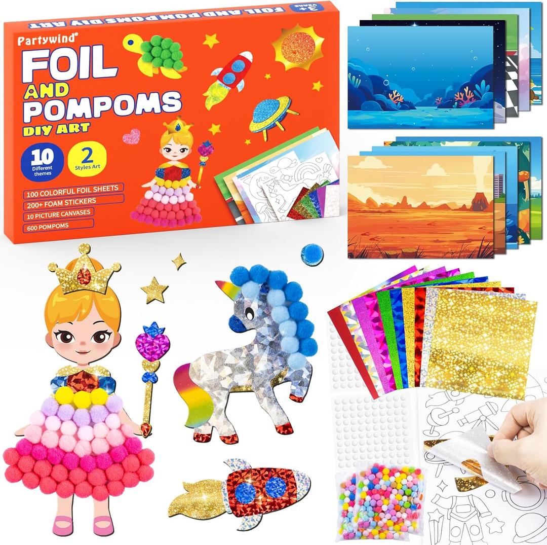PARTYWIND Foil Pom Poms Art for Kids - Unicorns Princesses Ocean DIY Creative Craft Kits, Travel Toys, Party Favors, School Supplies, Birthday Gifts for Girls Boys Ages 4, 5, 6, 7, 8, 9, 10, 11, 12