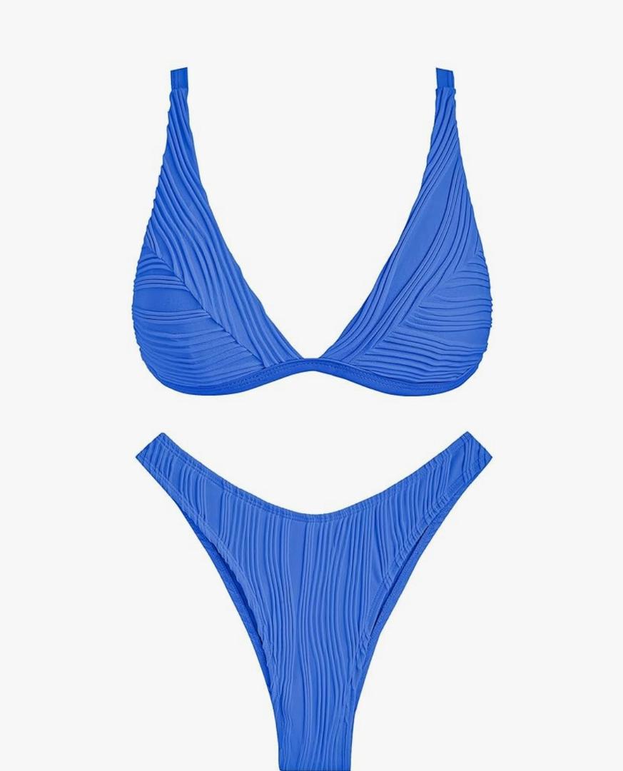 ZAFUL Women's Sexy Two Piece Swimwear Textured Triangle Plunging Neck High Cut Cheeky Bikini Set Solid Color Swimsuit, S