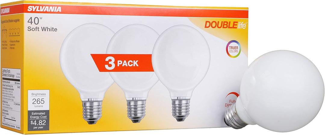 SYLVANIA Incandescent Double Life Dcor Globe Light Bulb, 40W, G25, Medium Base, 265 Lumens, Frosted, 2850K, Soft White - 3 Pack (15345)
