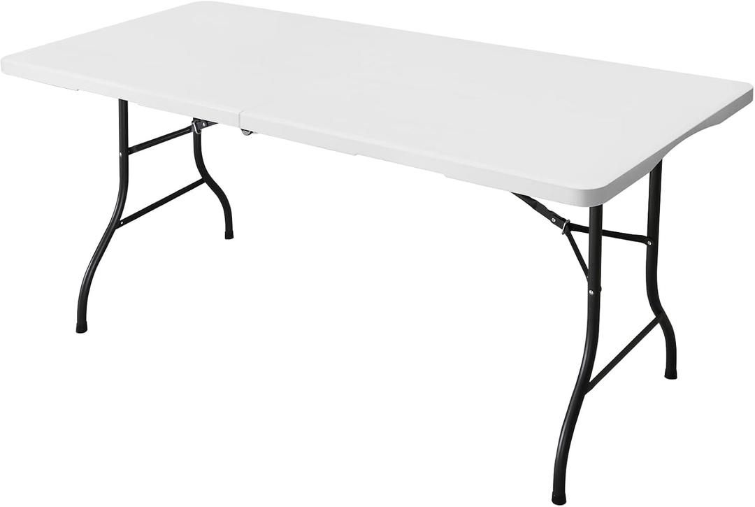 6ft Folding Table, Portable Heavy Duty Plastic Fold-in-Half Utility Table for Indoor/Outdoor Use, Dining, Camping, Picnic, Party, White, 27.56" x 70.87" x 29.13"