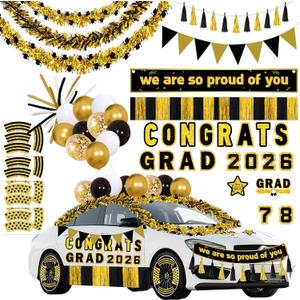 58pcs Graduation Car Decorations 2026 Set Black Gold Magnets Tinsel Garlands Banners Balloons Kit for Class of 2026 Party, Parade Float, Indoor Outdoor Hanging Decor