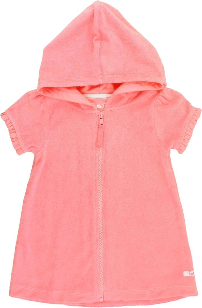 RuffleButts Girls Terry Knit Full-Zip Swim Cover-Up - Fashion Swimwear Cover-Up Dress (Bubblegum Pink, 5T)