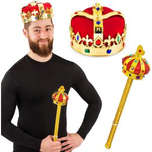 Funny Party Hats Kings Crown - Royal King's Crown and Scepter - Costume Hats - Dress Up Set (Red)