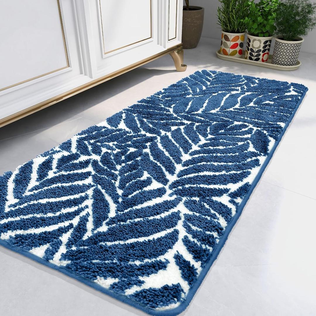 Blue Bathroom Runner Rug - Blue Long Bath Mat Runner Large Leaf Bath Rugs Non Slip Washable Bath Rug for Bathroom Floor, Cute Restroom Rug, Plant Absorbent Bathmat Botanical Decor 24" x 60" (Navy)