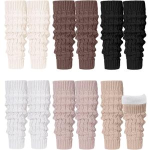 Shihanee 6 Pairs Women Fleece Lined Leg Warmers Knit Winter Warm Retro Leg Warmer Long Boot Socks for Daily Wear Ice Skating (Black, White, Coffee, Medium Khaki, Camel, Beige)