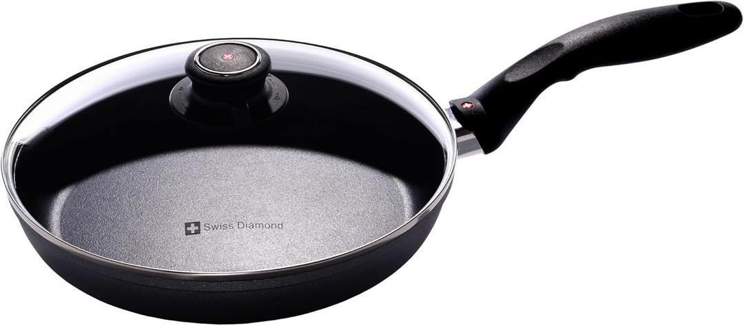 Swiss Diamond Frying Pans Nonstick with Lid, Features Ergonomic Handle, Nonstick Diamond Coated Aluminum Skillets and Oven Safe Frying Pans with Lids, Cover Included, 9.5 Inch