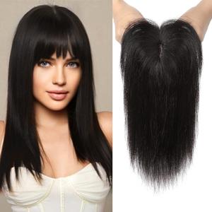 REECHO Hair Toppers for Women Real Human Hair, Hair Toppers with Bangs, Topper Hair Pieces for Women with Thinning Hair, Clip In Hair Topper Top Hair Extensions 10 Inch - Natural Black, 1.0 Count (Dark Brown)