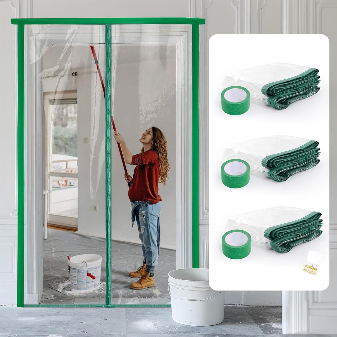 Dust Barrier - Magnetic Dust Barrier Door Kit for Dust Containment Self-Closing Plastic Sheeting Construction Dust Barrier, Bathroom/Kitchen/Hallway Remodel, Fit Standard Doorway (4'W x 7.5'H-3 Pack)